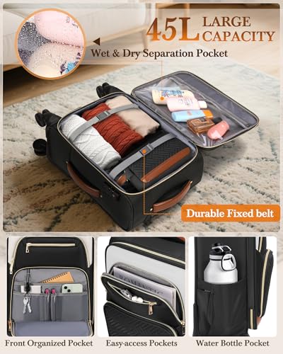 RAINSMORE Carry On Luggage with wheels, Softside Suitcases Set 3 Piece | 22x14x9 Airline Approved, Luggage Sets with Backpack & Toiletry Bag, Rolling Suitcase with TSA Lock, for Travel Weekender - color: Black-White-Brown