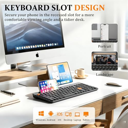 Bluetooth Keyboard Mouse Combo, Dual Multi-Device Wireless Keyboard with Phone Holder, Ultra-Compact 78-Key Layout, Quiet Keys & Rechargeable, for Windows PC Laptop (Black) - color: Black