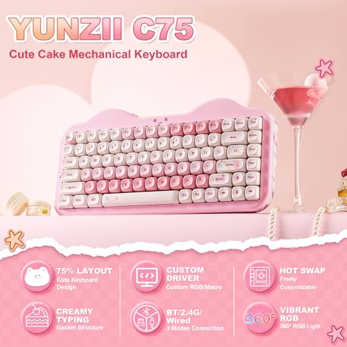 YUNZII C75 Cute 75% Wireless Mechanical Keyboard (Pink, Candy Switch) | Creamy Cake Keyboard, BT5.0/2.4G/USB-C, Hot-Swap, NKRO, PBT MOA Keycaps,5500mAh RGB Gasket Mount for Mac/Win/Gaming/Office - color: Pink, size: Candy Switch