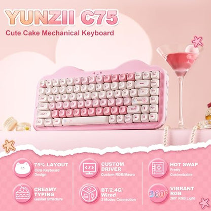 YUNZII C75 Cute 75% Wireless Mechanical Keyboard (Pink, Candy Switch) | Creamy Cake Keyboard, BT5.0/2.4G/USB-C, Hot-Swap, NKRO, PBT MOA Keycaps,5500mAh RGB Gasket Mount for Mac/Win/Gaming/Office - color: Pink, size: Candy Switch