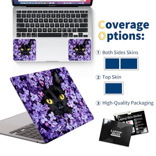 Universal Laptop Skin for 13-16 Inch Laptops,Vinyl Protective Sticker Decal,Easy DIY Trim-to-Fit for HP/Dell/MacBook,Bubble-Free & Removable,Black Cat Purple Flower - color: Black Cat Purple Flower