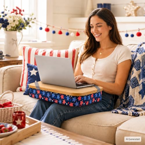 Mayjoy Bamboo Laptop Lap Desk with Storage, Removable Cover, Navy Star | Use laptops up to 15.6” on the bamboo top; store tablets, notebooks, mouse, cables, and pens inside. - color: Navy Star