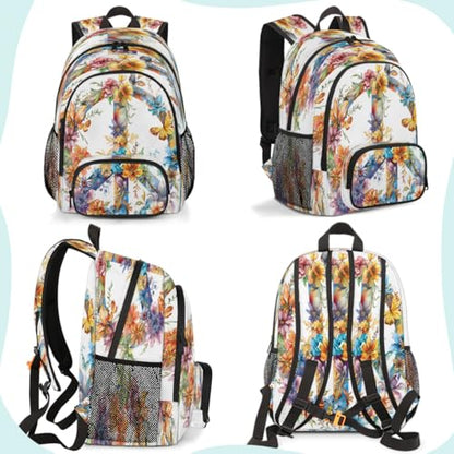 Hippie Flowers Laptop Backpack for Women Men, 18.3 Inch Travel Work Backpacks, Peace Sign Waterproof Computer Casual Daypack Nurse Teacher Bags - color: Multicolor 13