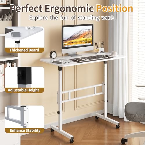 Panana Small Standing Desk Adjustable Height, Mobile Rolling Stand Up Desk with Wheels, 32 Inch Portable Rolling Desks Computer Office Workstations Walking Pad (White) - color: White