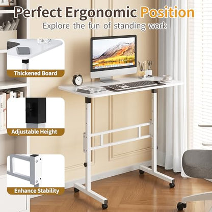 Panana Small Standing Desk Adjustable Height, Mobile Rolling Stand Up Desk with Wheels, 32 Inch Portable Rolling Desks Computer Office Workstations Walking Pad (White) - color: White