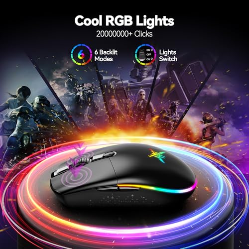 TECKNET Wireless Gaming Mouse 8000 DPI RGB Backlit Rechargeable Mouse-Black | 100Hrs Battery, Dual Mode(2.4G + USB-C) , 6 Programmable Buttons, Ergonomic Design for PC, Mac, Laptop and Gaming Setup