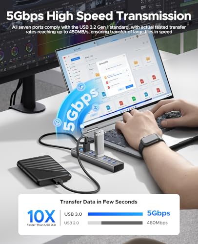 ORICO 7-Port USB 3.0 Hub, Aluminum USB Multiple Adapter, 5Gbps USB Extender USB Splitter with 1.64Ft Cable, UBS-A Hub Long Cable for Desktop, PC, Flash Drive, Mobile HDD, Windows/XPS - size: 1.64Ft