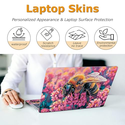 Universal Laptop Skin Sticker with 2 Wrist Pad Decals, 3-Piece Removable Vinyl Laptop Cover, Bee Pink Flower Waterproof Anti-Scratch, Easy-Trim Fit for 13.3" 14" 15.6" Laptops - color: Bee Pink Flowers