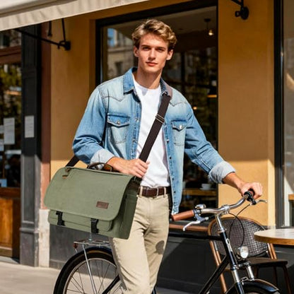 ESTARER Men's Messenger Bag 17.3 Inch, Water-resistant Canvas Laptop Bag, Computer Shoulder Bag for College Travel Work, Army Green - color: 17.3" Buckle-army Green