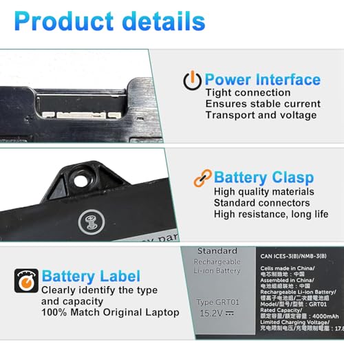 64Wh GRT01 Laptop Battery Replacement for Dell Latitude 14 5421 5431 15 5521 5531 Precision 3470 3561 3571 3591 Alienware m17 R5 AMD Gaming Series R05P0 05RGW 0P3TJ 00P3TJ VXD57 15.2V 4000mAh 4-cell - size: 10.78*4.40*0.41inch GRT01