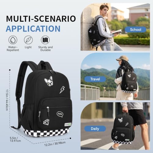 mygreen Embroidered Patch Backpack,15.6 Inch Water Resistant School Daypack | Y2K street embroidery patches,24L lightweight 1.2lb pack,breathable padded straps,fits teen school travel,waterproof Black - color: Black Patch