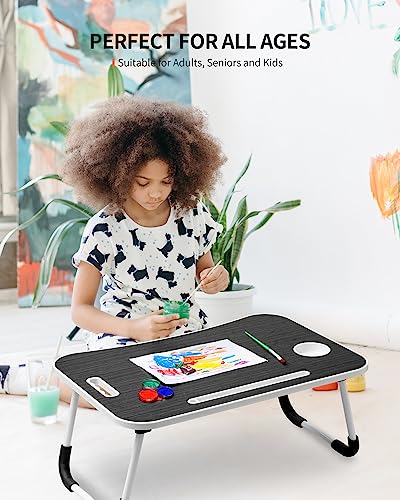 FISYOD Foldable Laptop Table, Portable Lap Desk Bed Table Tray, Laptop Stand with Cup Holder & Tablet Slot & Lifting Handle for Working Writing Drawing & Eating (Black) - color: Black