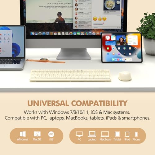 Wireless Keyboard and Mouse Combo for Desktop Mac iPad Bluetooth 2.4 Ghz Rechargeable Ultra Silent Click with Number Pad Compatible with Pc, Laptop, Tablet (Cream) - color: Cream