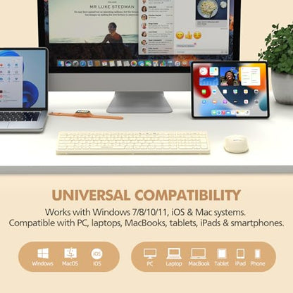 Wireless Keyboard and Mouse Combo for Desktop Mac iPad Bluetooth 2.4 Ghz Rechargeable Ultra Silent Click with Number Pad Compatible with Pc, Laptop, Tablet (Cream) - color: Cream
