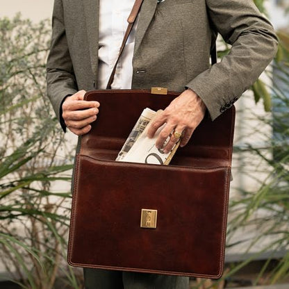 Time Resistance Leather Briefcase - Italian Handmade Leather Laptop Bag - Handbag for Men - Professional Computer Case - color: Brown