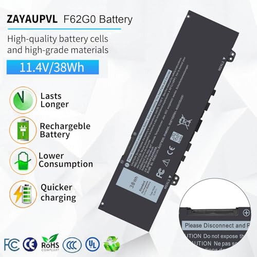 38Wh F62G0 Battery for Dell Inspiron 13 7000 7373 i7373 7386 2-in-1 7370 | 7380 5370 13-7373-0842 Series P83G P87G P91G P83G001 P83G002 P87G001 Vostro 13 5370 39DY5 039DY5 0F62G0 RPJC3 F62GO 11.4V - size: 10*2.5*0.35inch F62G0