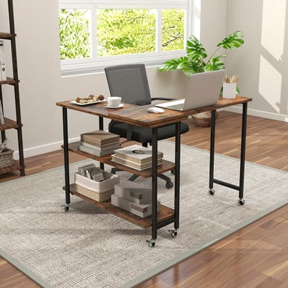 Giantex 360° Free Rotating Sofa Side Table, Mobile L-Shaped Laptop Desk with Sturdy Metal Frame, 6 Universal Casters, Movable Couch Snack Table with 2-Tier Storage Shelf for Home (Rustic Brown) - color: Rustic Brown