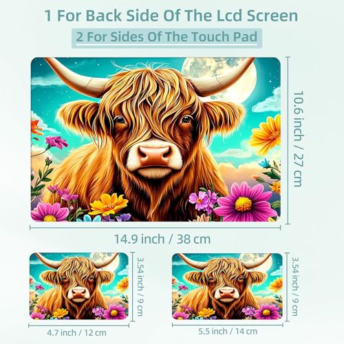 Universal Laptop Skin Decal, 3-Piece Vinyl Protector for 12 13 14 15.6" Notebook, Waterproof Anti-Scratch, Easy Trim & Bubble-Free Finish, Cute Highland Cow Flowers - color: Cute Highland Cow Flowers