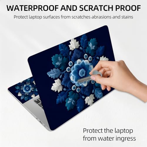 Navy Blue & White Leaf Mandala Universal Laptop Skin Sticker 3PCS, Protective Decal Trim-to-Fit 11.6" 13.3" 14" 15.6" Laptop Vinyl Cover, Removable Anti-Scratch Computer Decal Protector - color: Navy Blue & White Leaf Mandala