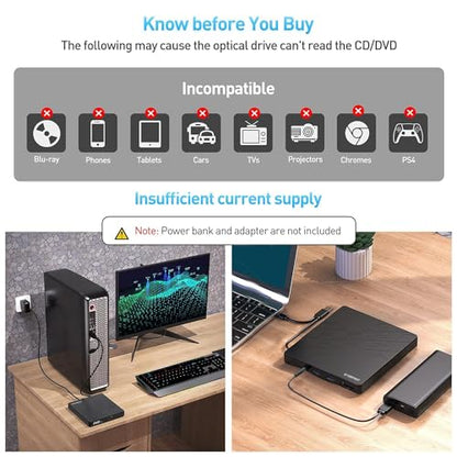 ORIGBELIE External CD DVD Drive 2 USB Port 2 TF/SD Card Slot &Carrying Case | USB C 3.0 CD DVD ROM Player Burner Reader Writer Rewriter Optical Disk Drive for Laptop PC Macbook OS Windows 11/10/8/7 Linux - size: 5.98" x 5.5" x 0.6"
