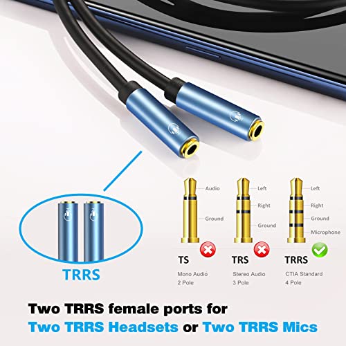 MillSO Headset Splitter for 2 TRRS Headphones or Mics - 3.5mm Jack Adapter TRRS 4-Pole Splitter Male to 2 Dual Female Adapter - size: 1 Feet - Standard