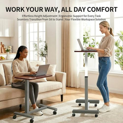 Adjustable Overbed Table with Wheels, Pneumatic Height Lift Rolling Bedside Table, Standing Desk for Home & Office Use, Ideal for Seniors & Limited Mobility(Walnut Brown) - color: Walnut Brown