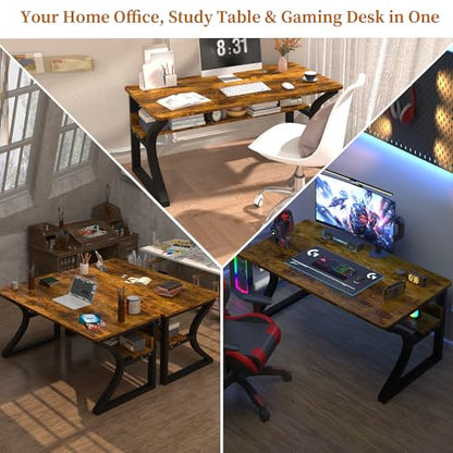 47'' Computer Desk Home Office Desk, Modern Computer Desk w/U Shaped Metal Frame, Storage Shelves, PC Table Study Writing Desk Workstation for Home Office (47inch/Brown) - size: 47inch/Brown