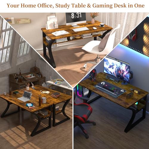 55'' Computer Desk Home Office Desk, Modern Computer Desk w/U Shaped Metal Frame, Storage Shelves, PC Table Study Writing Desk Workstation for Home Office (55inch/Brown) - size: 55inch/Brown