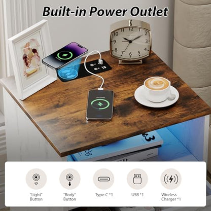 Lareth Farmhouse LED Nightstand with Charging Station, Antique White | 17.7" W x 15.7" D Wooden Night Stand, 2 Drawers, Smart Bedside Table, For Dorm, Apartment, Small Space - color: Antique White