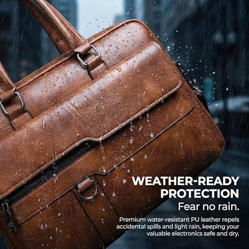 Men's Leather Laptop Bag 15 IN, Water-Resistant Briefcase Messenger Bag for Work, Business, Shoulder Crossbody Office Satchel - color: Deep Khaki