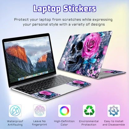 Universal Laptop Skin Sticker Decal, Compatible with MacBook HP Dell Lenovo 12"-15.6", Reusable Vinyl Notebook Cover 3PCS Set, High-Recognition Film-Pink Blue Flower Skull - color: Pink Blue Flower Skull