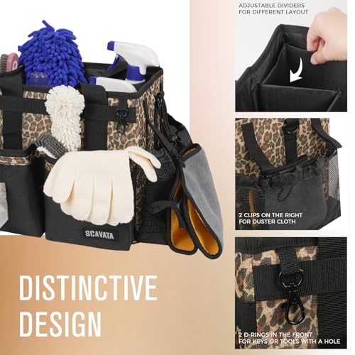 SCAVATA Compact Wearable Cleaning Caddy with Handle & Shoulder Straps | Small Cleaning Supplies Organizer, Under Sink & Car Cleaning Tools Storage Bag for Housekeepers Cleaners, Leopard - color: Leopard