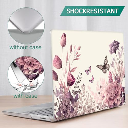Mektron Case for 13.5" Microsoft Surface Laptop 5/4/3 with Metal Palm Rest Model 1951/1868, 2019/2021/2022 Release Plastic Hard Shell Cover with Screen Protector, Butterfly Flower C074 - color: Butterfly Flower C074