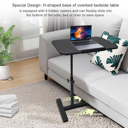 Adjustable Overbed Table, Overbed Bedside Table with Hidden Casters, 360° Swivel C Shaped Side Table, Mobile Laptop Computer Standing Desk for Home and Hospital Use (Black) - color: Black