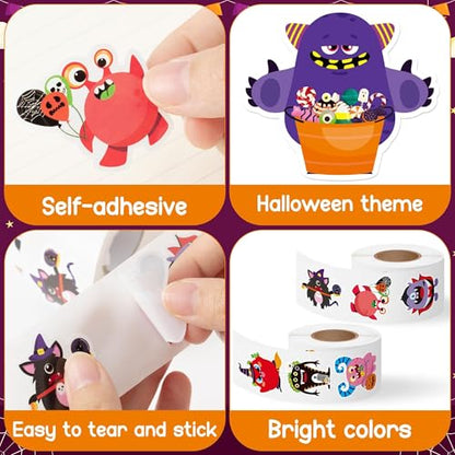 Haooryx Halloween Monster Sticker Rolls - 1000Pcs Ghost Pumpkin Frankenstein Monster Stickers Waterproof Vinyl Self-Adhesive Water Bottle Page Activity Pad Halloween Junk Journal Scrapbooking Supplies - style: Halloween Monster 2Roll