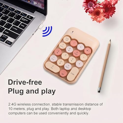 Lomiluskr Cute Wireless Number Keypad with 2.4G USB Receiver, 18 Colorful Round Keys Numpad, Portable Financial Accounting Numeric Keyboard, Suitable for PC, Laptop (Milk Tea) - color: Milk Tea