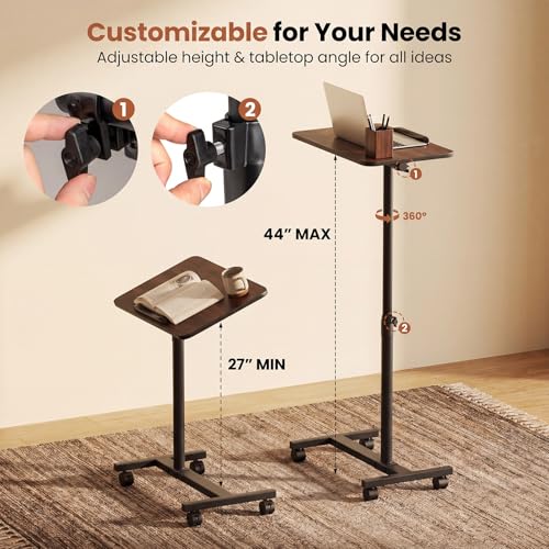 GIANTEX Overbed Table with Wheels, Medical Adjustable Bedside Table, Walnut | Mobile Standing Desk, Portable Laptop Table for Small Spaces, Bed Trays Table for Eating Home and Hospital - color: Walnut