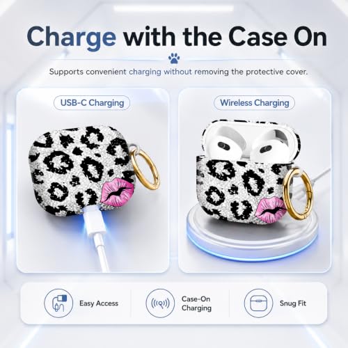 Compatible with AirPod 4 Case 2024, Cute Hard Plastic Protective Cover for Airpod 4th Generation Women, Shockproof Shell Skin with Gold Ring Keychain,Black Leopard Pink Lips - color: Black Leopard Pink Lips