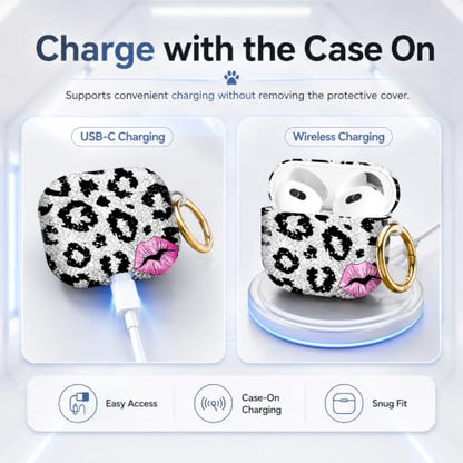 Compatible with AirPod 4 Case 2024, Cute Hard Plastic Protective Cover for Airpod 4th Generation Women, Shockproof Shell Skin with Gold Ring Keychain,Black Leopard Pink Lips - color: Black Leopard Pink Lips