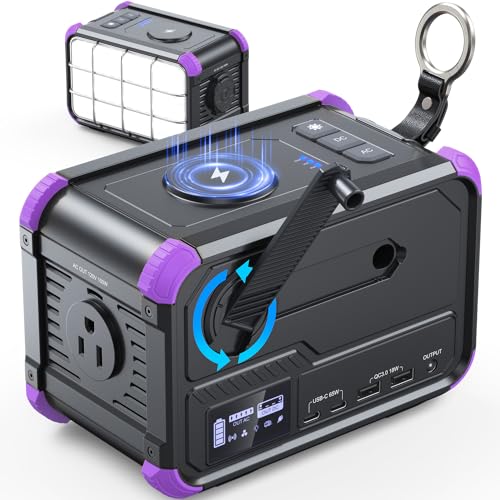 BROWEY Portable Power Station 153Wh Small Solar Generator with Hand Crank 120V 150W AC Outlet Lithium Battery Power Bank, Wireless Charging Emergency Charger for Outdoor Camping Travel Home Backup - color: Purple