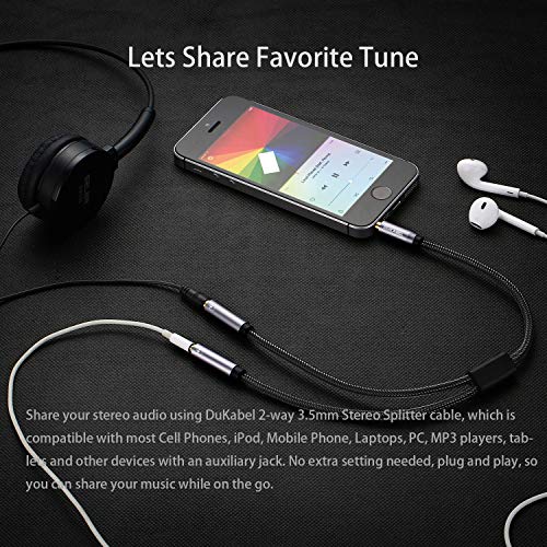 DUKABEL Headphone Splitter, Strong Braided & Gold-Plated 3.5mm Stereo Audio Y Splitter Cable 4-Pole Male to 2-Female Port Audio Stereo Cable Dual Headphone Jack Adapter Top Series - size: 11inch / 26cm
