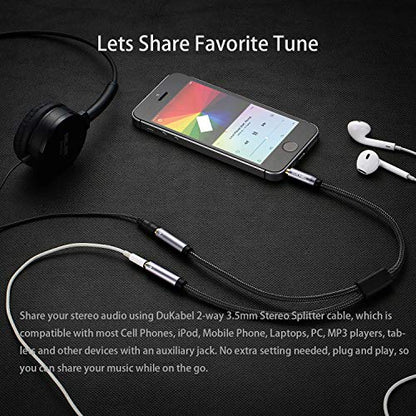 DUKABEL Headphone Splitter, Strong Braided & Gold-Plated 3.5mm Stereo Audio Y Splitter Cable 4-Pole Male to 2-Female Port Audio Stereo Cable Dual Headphone Jack Adapter Top Series - size: 11inch / 26cm