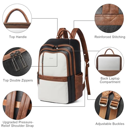 Leather 17 inch Laptop Backpack for Women, Large Travel Backpack Purse for Casual Daypack College Work Bag - color: Black With Brown and White