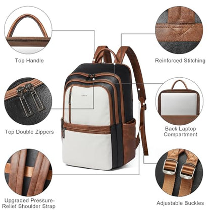 Leather 17 inch Laptop Backpack for Women, Large Travel Backpack Purse for Casual Daypack College Work Bag - color: Black With Brown and White