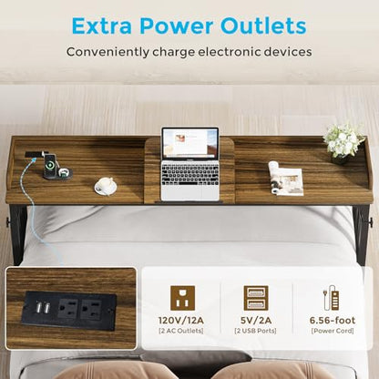 71 in Queen Size Overbed Table with Wheels, Brown | Height Adjustable, Bed Table with Adjustable Tilt Board, Mobile Laptop Cart Computer Desk with Power Outlets, USB Ports - color: Brown