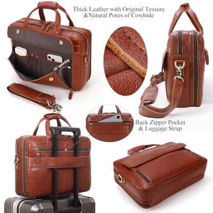 Masa Kawa Leather 15.6" & 17" Laptop Briefcase Men Business Messenger Bag | Full Grain Cowhide Business Travel Office Work Crossbody Shoulder Professional Attache Case for 2 Computers - color: Tan-fits 15.6" Laptop