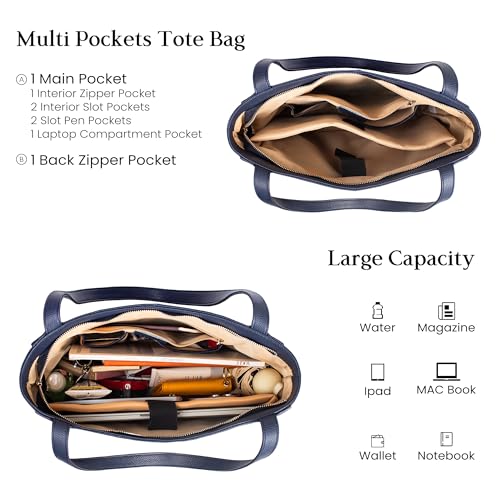 befen Genuine Leather Tote Bag for Women Work Travel Leather Purse Handbags | Real Leather, Padded 14" Laptop Compartment, Multi-Pockets, Zipper, Tote Bag for Daily - color: Navy Blue