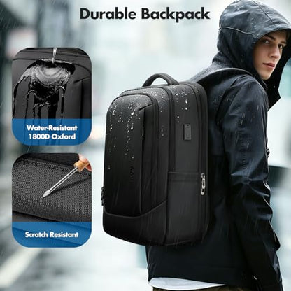 Expandable 16 Inch Laptop Backpack for Men | 40L Travel Backpack with USB-A&C Port, Flight Approved Carry On Backpack, 180° Laptop Compartment, Black