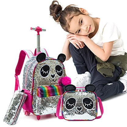 School Kids Rolling Backpack for Girls 3PCS With Trolley Wheeled Backpacks - color: Silver Red