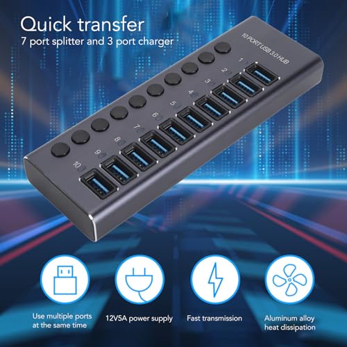 CCYLEZ 10 Port USB 3.0 Hub with Individual Switches and 60W Power Adapter for Laptop PC Game Console (US Plug)